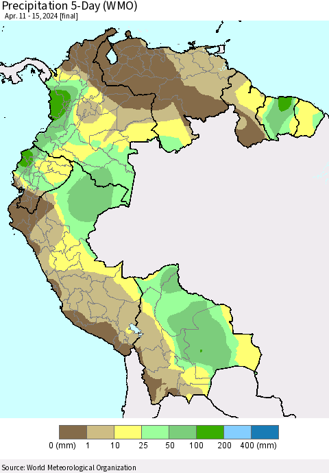 Northern South America Precipitation 5-Day (WMO) Thematic Map For 4/11/2024 - 4/15/2024