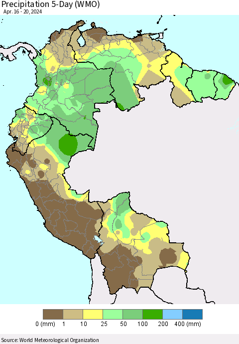 Northern South America Precipitation 5-Day (WMO) Thematic Map For 4/16/2024 - 4/20/2024