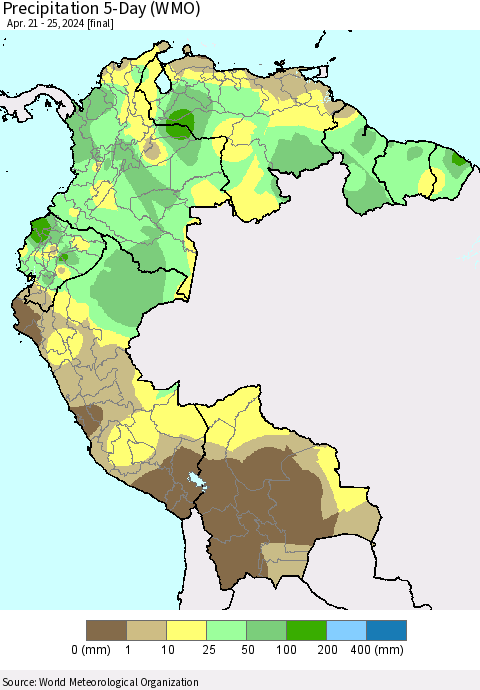 Northern South America Precipitation 5-Day (WMO) Thematic Map For 4/21/2024 - 4/25/2024