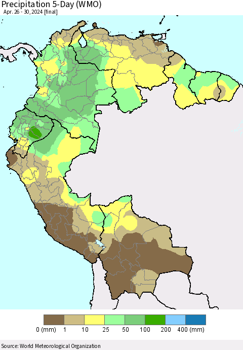 Northern South America Precipitation 5-Day (WMO) Thematic Map For 4/26/2024 - 4/30/2024