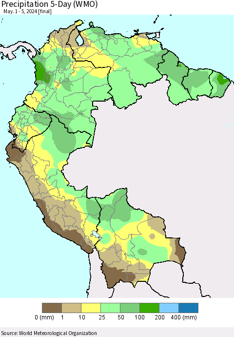 Northern South America Precipitation 5-Day (WMO) Thematic Map For 5/1/2024 - 5/5/2024