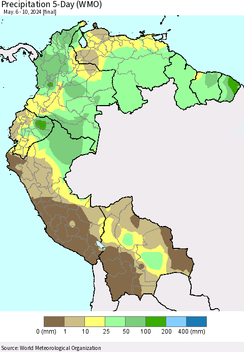 Northern South America Precipitation 5-Day (WMO) Thematic Map For 5/6/2024 - 5/10/2024