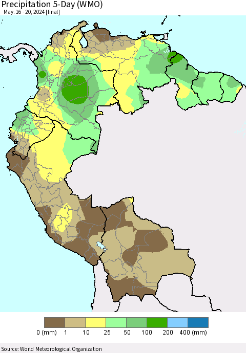 Northern South America Precipitation 5-Day (WMO) Thematic Map For 5/16/2024 - 5/20/2024