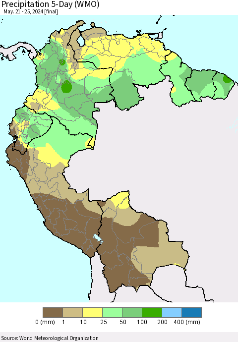 Northern South America Precipitation 5-Day (WMO) Thematic Map For 5/21/2024 - 5/25/2024