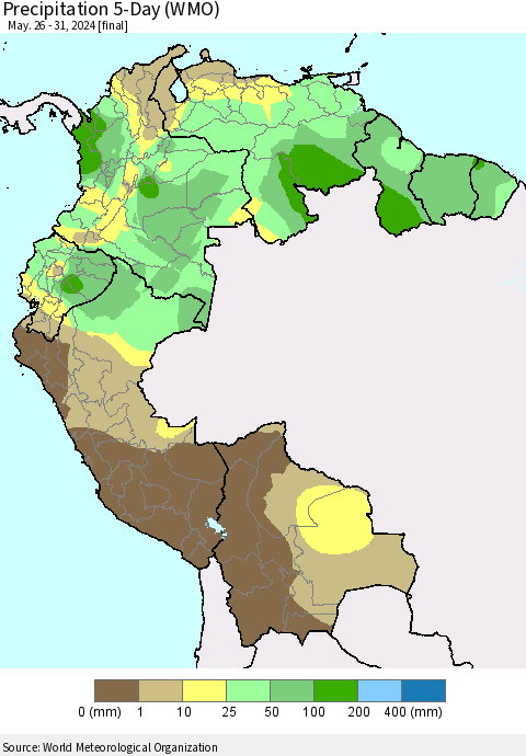 Northern South America Precipitation 5-Day (WMO) Thematic Map For 5/26/2024 - 5/31/2024