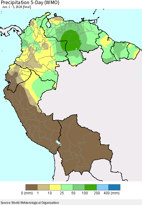 Northern South America Precipitation 5-Day (WMO) Thematic Map For 6/1/2024 - 6/5/2024