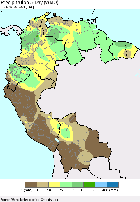 Northern South America Precipitation 5-Day (WMO) Thematic Map For 6/26/2024 - 6/30/2024
