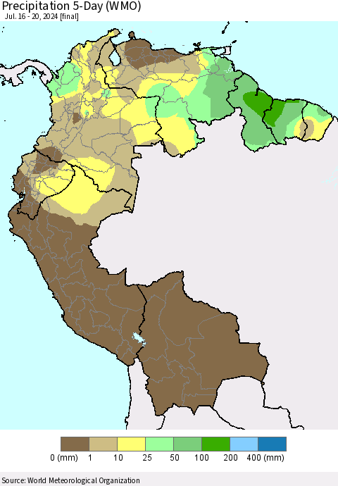 Northern South America Precipitation 5-Day (WMO) Thematic Map For 7/16/2024 - 7/20/2024