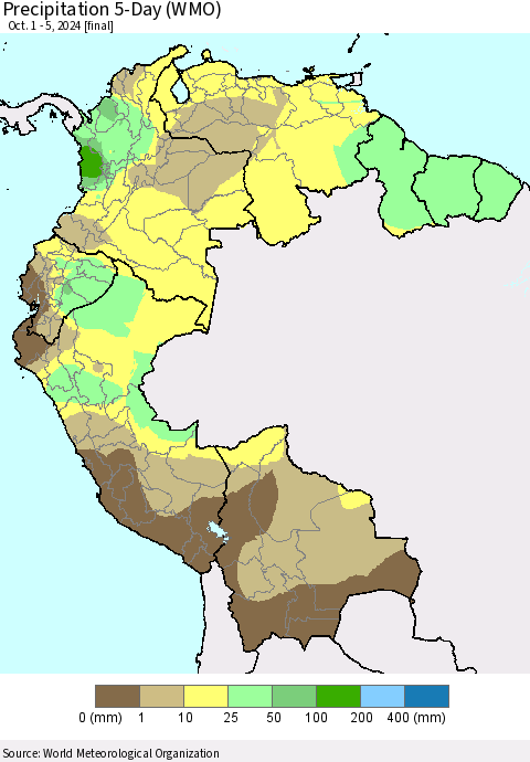 Northern South America Precipitation 5-Day (WMO) Thematic Map For 10/1/2024 - 10/5/2024