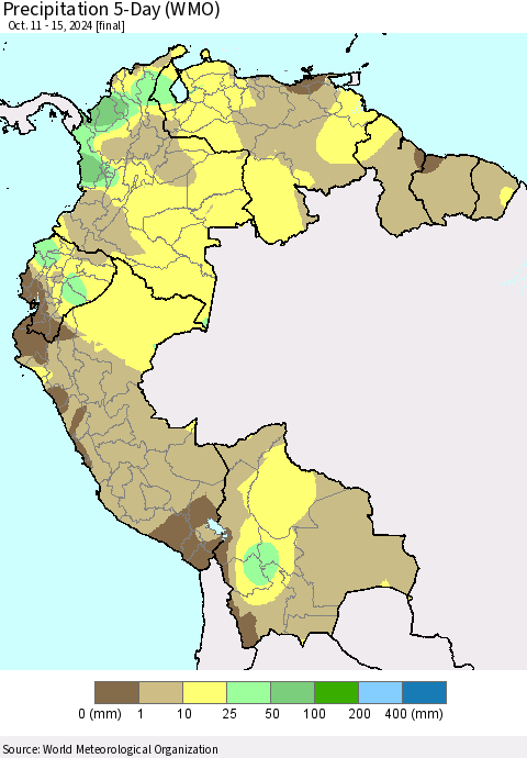 Northern South America Precipitation 5-Day (WMO) Thematic Map For 10/11/2024 - 10/15/2024