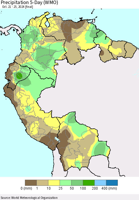 Northern South America Precipitation 5-Day (WMO) Thematic Map For 10/21/2024 - 10/25/2024