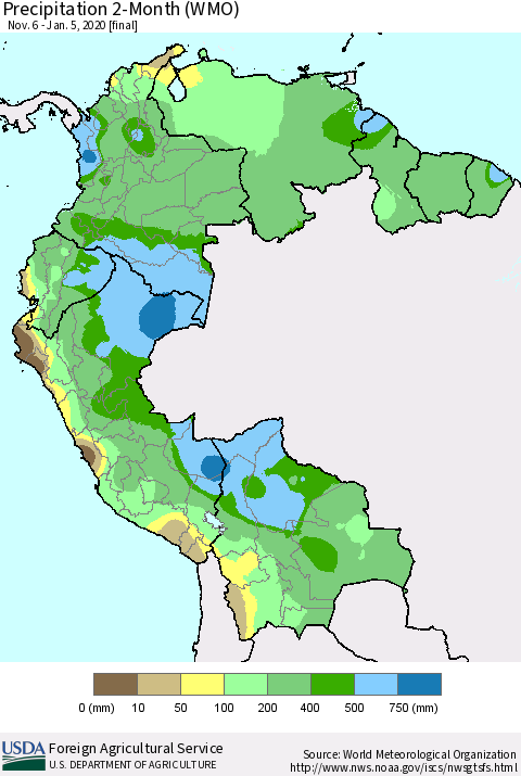 Northern South America Precipitation 2-Month (WMO) Thematic Map For 11/6/2019 - 1/5/2020