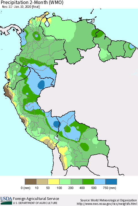 Northern South America Precipitation 2-Month (WMO) Thematic Map For 11/11/2019 - 1/10/2020