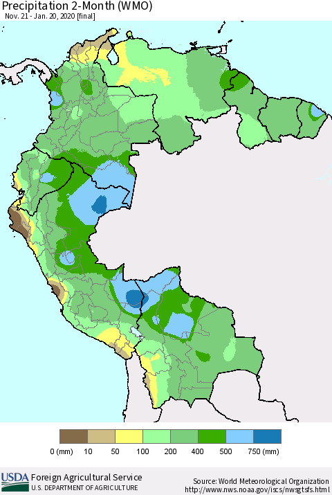 Northern South America Precipitation 2-Month (WMO) Thematic Map For 11/21/2019 - 1/20/2020