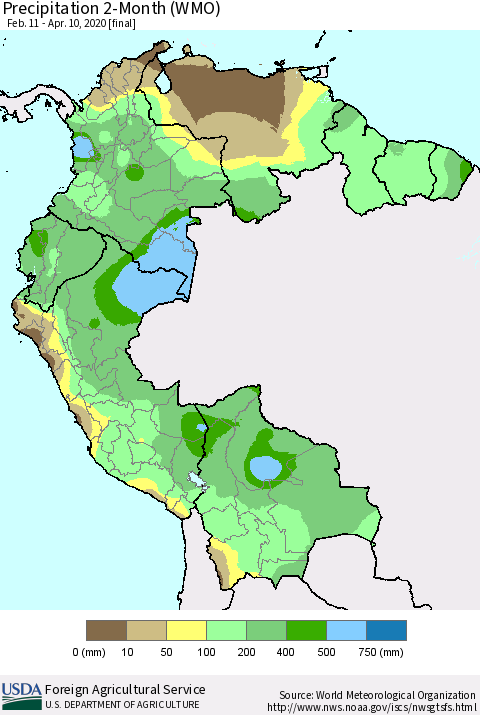 Northern South America Precipitation 2-Month (WMO) Thematic Map For 2/11/2020 - 4/10/2020