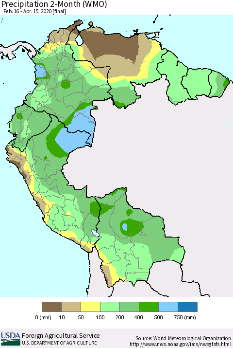 Northern South America Precipitation 2-Month (WMO) Thematic Map For 2/16/2020 - 4/15/2020