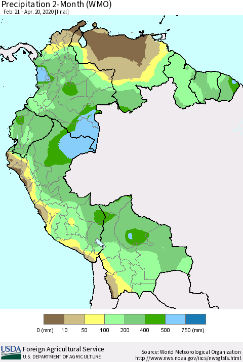 Northern South America Precipitation 2-Month (WMO) Thematic Map For 2/21/2020 - 4/20/2020