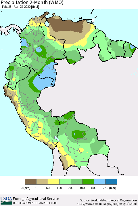 Northern South America Precipitation 2-Month (WMO) Thematic Map For 2/26/2020 - 4/25/2020