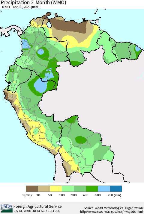 Northern South America Precipitation 2-Month (WMO) Thematic Map For 3/1/2020 - 4/30/2020