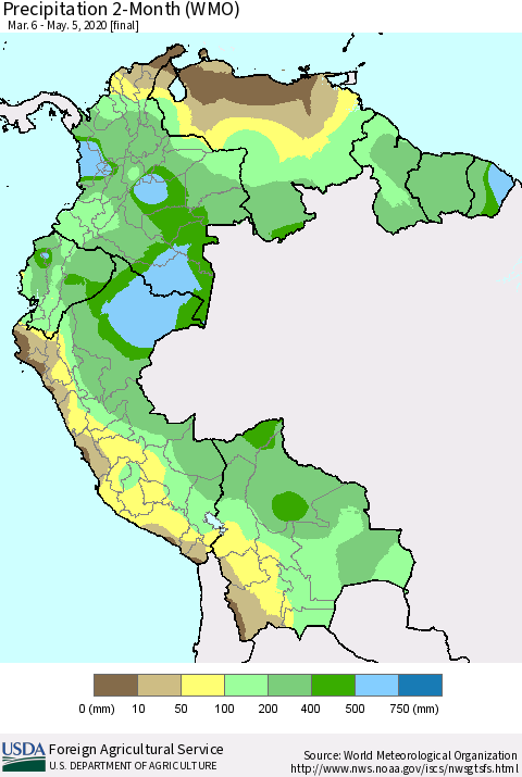 Northern South America Precipitation 2-Month (WMO) Thematic Map For 3/6/2020 - 5/5/2020