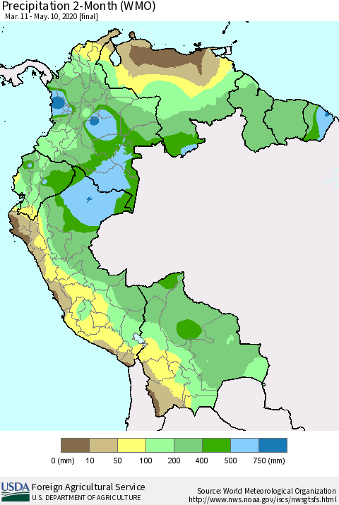Northern South America Precipitation 2-Month (WMO) Thematic Map For 3/11/2020 - 5/10/2020