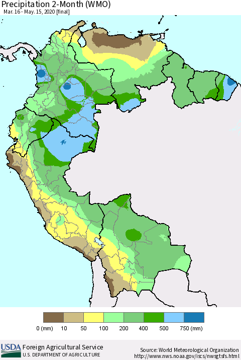 Northern South America Precipitation 2-Month (WMO) Thematic Map For 3/16/2020 - 5/15/2020