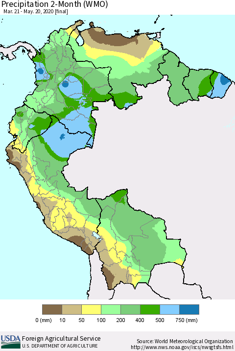 Northern South America Precipitation 2-Month (WMO) Thematic Map For 3/21/2020 - 5/20/2020