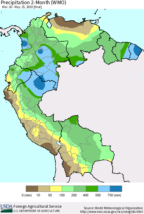 Northern South America Precipitation 2-Month (WMO) Thematic Map For 3/26/2020 - 5/25/2020