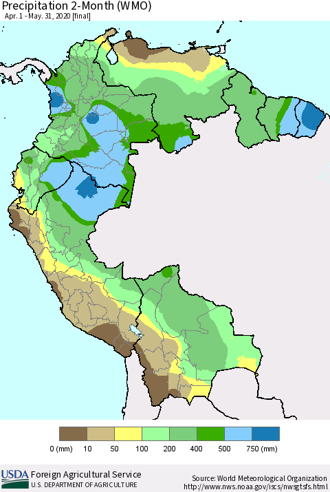 Northern South America Precipitation 2-Month (WMO) Thematic Map For 4/1/2020 - 5/31/2020