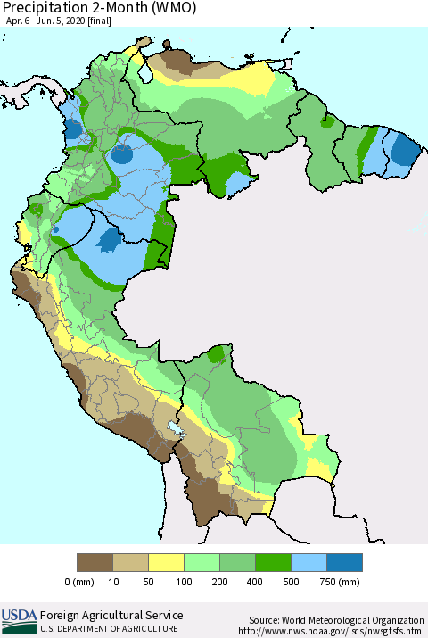Northern South America Precipitation 2-Month (WMO) Thematic Map For 4/6/2020 - 6/5/2020
