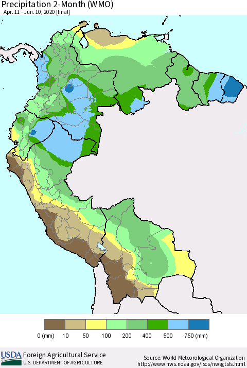 Northern South America Precipitation 2-Month (WMO) Thematic Map For 4/11/2020 - 6/10/2020