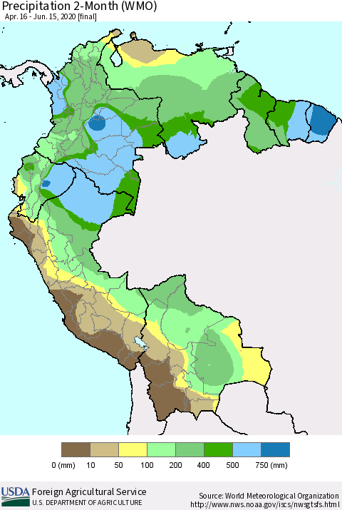 Northern South America Precipitation 2-Month (WMO) Thematic Map For 4/16/2020 - 6/15/2020