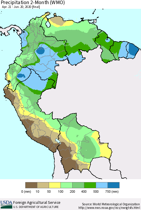 Northern South America Precipitation 2-Month (WMO) Thematic Map For 4/21/2020 - 6/20/2020