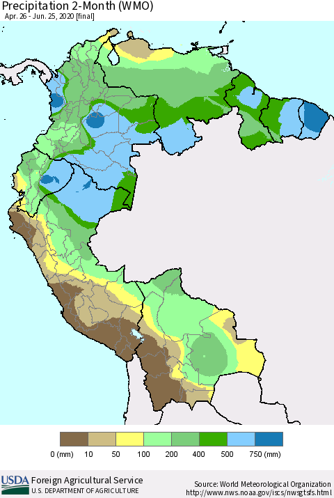 Northern South America Precipitation 2-Month (WMO) Thematic Map For 4/26/2020 - 6/25/2020