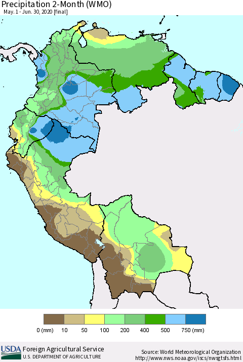 Northern South America Precipitation 2-Month (WMO) Thematic Map For 5/1/2020 - 6/30/2020