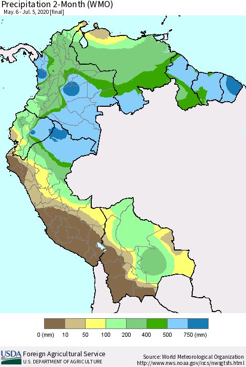 Northern South America Precipitation 2-Month (WMO) Thematic Map For 5/6/2020 - 7/5/2020