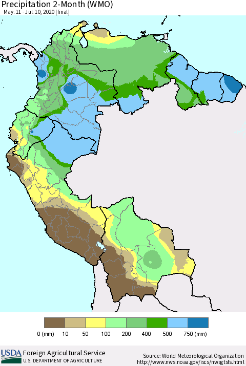 Northern South America Precipitation 2-Month (WMO) Thematic Map For 5/11/2020 - 7/10/2020