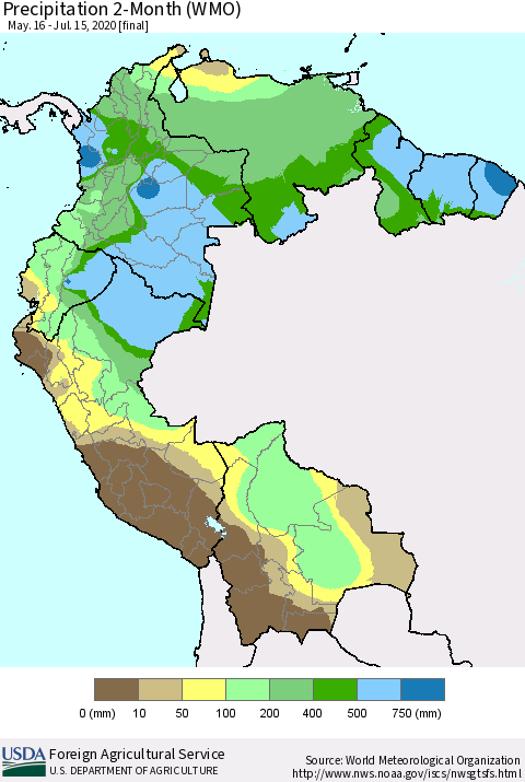 Northern South America Precipitation 2-Month (WMO) Thematic Map For 5/16/2020 - 7/15/2020