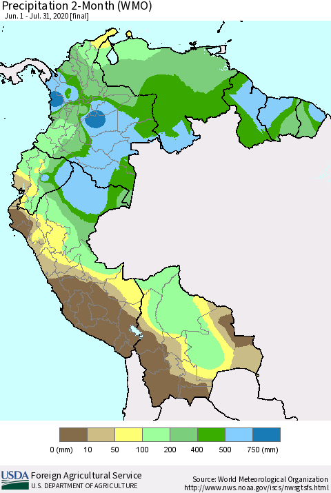 Northern South America Precipitation 2-Month (WMO) Thematic Map For 6/1/2020 - 7/31/2020