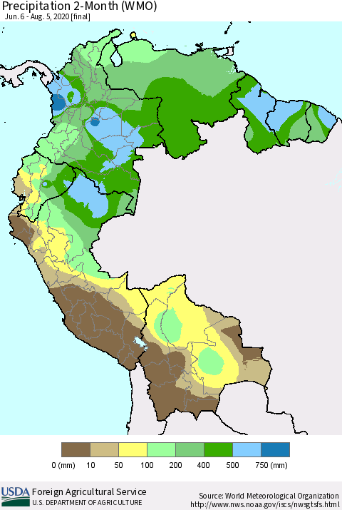 Northern South America Precipitation 2-Month (WMO) Thematic Map For 6/6/2020 - 8/5/2020