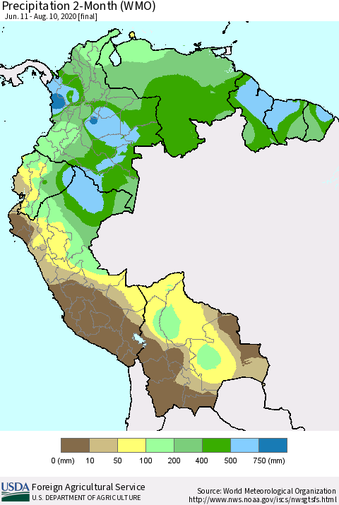 Northern South America Precipitation 2-Month (WMO) Thematic Map For 6/11/2020 - 8/10/2020