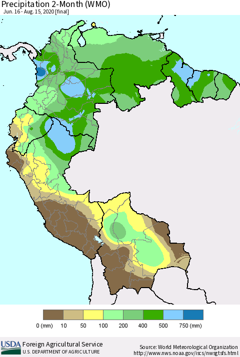 Northern South America Precipitation 2-Month (WMO) Thematic Map For 6/16/2020 - 8/15/2020