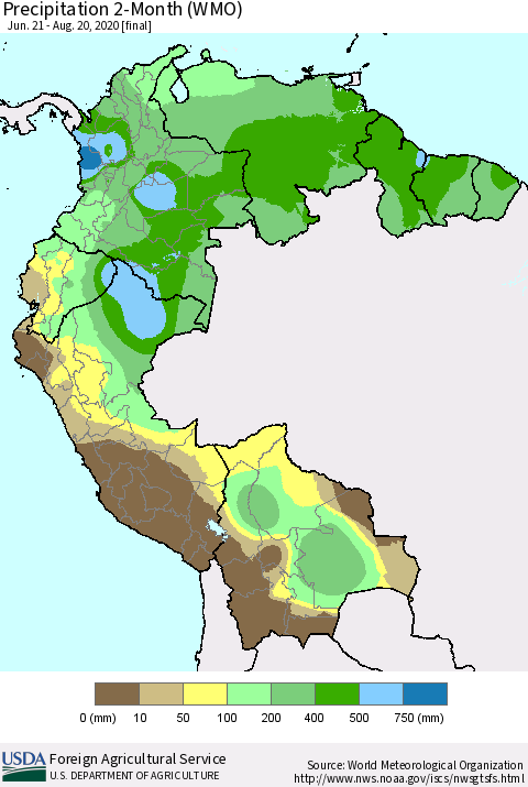 Northern South America Precipitation 2-Month (WMO) Thematic Map For 6/21/2020 - 8/20/2020