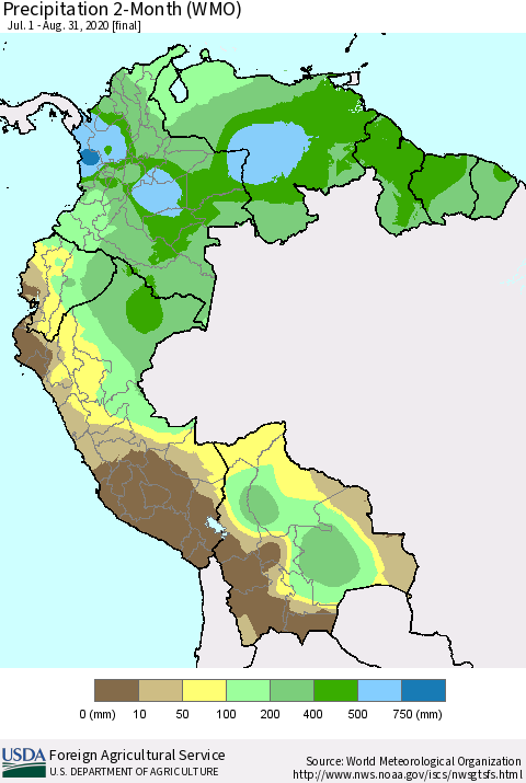 Northern South America Precipitation 2-Month (WMO) Thematic Map For 7/1/2020 - 8/31/2020