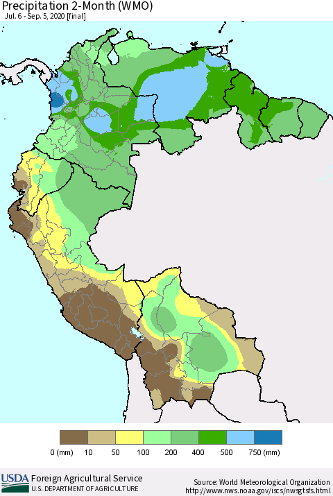 Northern South America Precipitation 2-Month (WMO) Thematic Map For 7/6/2020 - 9/5/2020