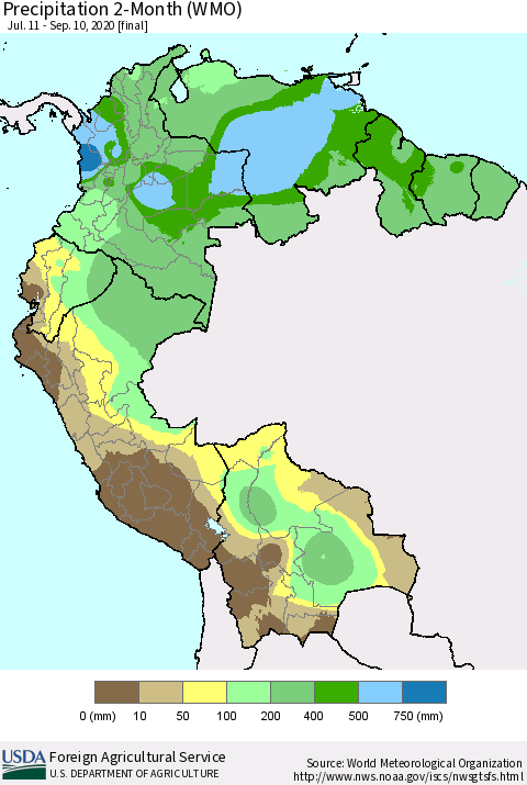 Northern South America Precipitation 2-Month (WMO) Thematic Map For 7/11/2020 - 9/10/2020