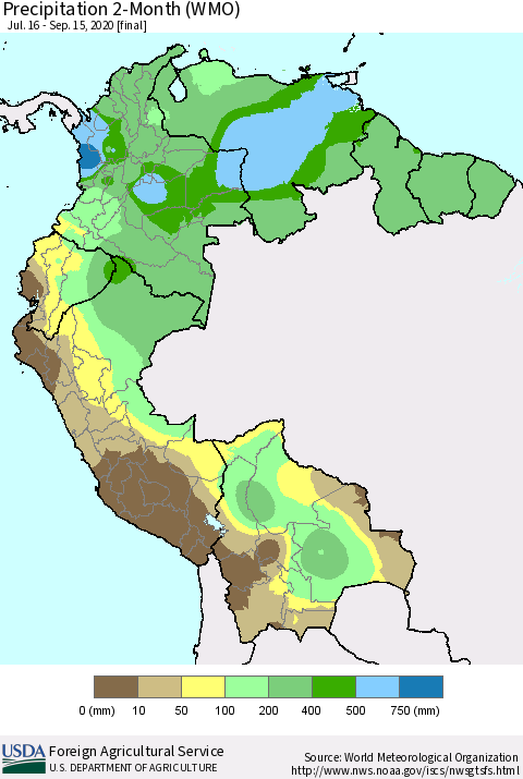 Northern South America Precipitation 2-Month (WMO) Thematic Map For 7/16/2020 - 9/15/2020