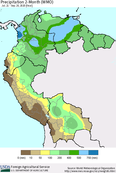 Northern South America Precipitation 2-Month (WMO) Thematic Map For 7/21/2020 - 9/20/2020
