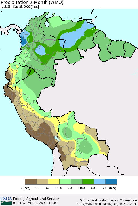 Northern South America Precipitation 2-Month (WMO) Thematic Map For 7/26/2020 - 9/25/2020