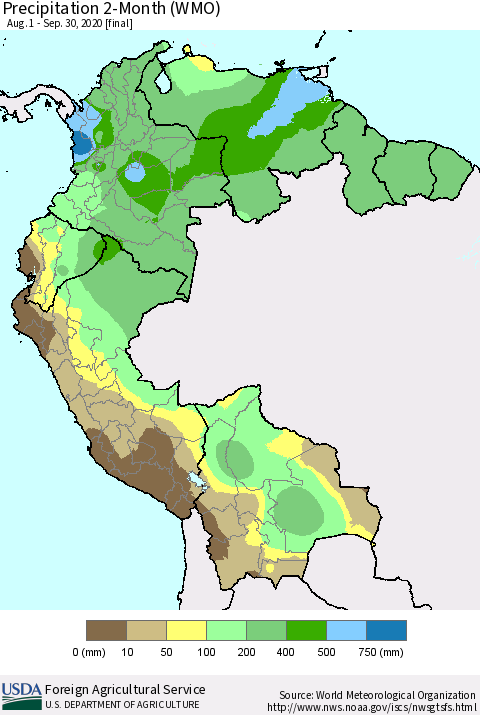 Northern South America Precipitation 2-Month (WMO) Thematic Map For 8/1/2020 - 9/30/2020